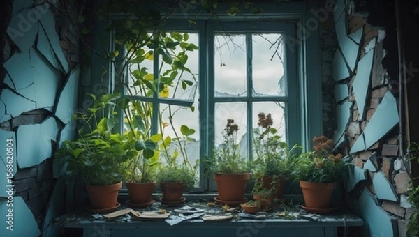 Fototapeta Abandoned indoor space with a window displaying overgrown plants and debris, surrounded by cracked walls and broken glass.
