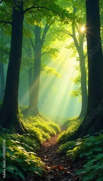 Obraz Magical Sun-Dappled Forest Floor Peaceful Nature Scene with Soft Light Filtering Through Leaves, Perfect for Fantasy and Fairytale Themes