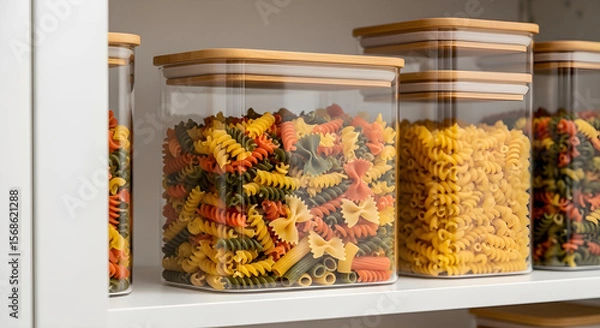 Fototapeta Colorful pasta in storage containers on shelf