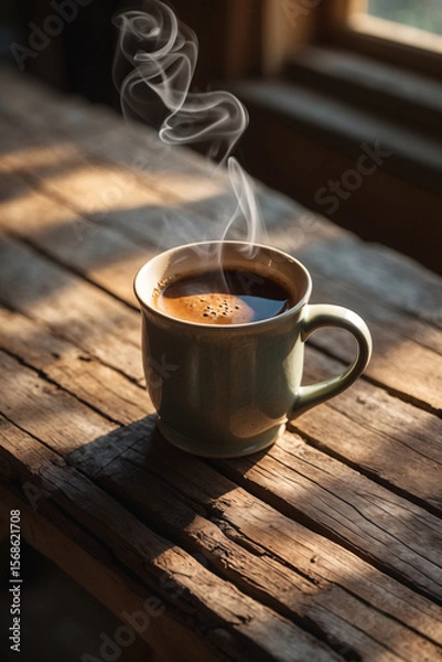 Obraz cozy steam rising from hot brown coffee mug on rustic wooden table morning sunlight calm warm drink aesthetic vibe wallpaper background