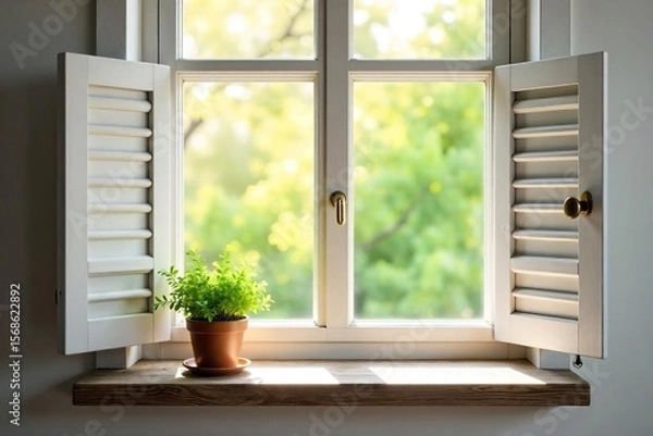 Obraz Serene Sunlight Streams Through White Shutters onto a Rustic Windowsill, Featuring a Succulent Plant. Ideal for Home Decor, Interior Design, and Springtime Themes.