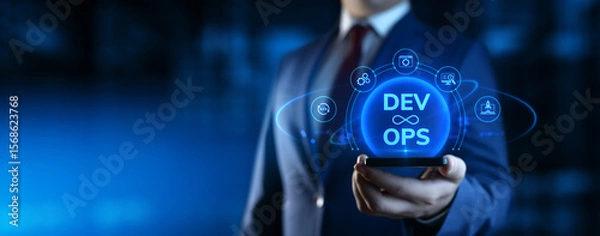 Fototapeta Businessman holding smartphone with Dev Ops Development Operations icons on screen