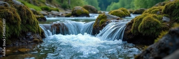 Obraz Crystal Clear Mountain Spring Water Cascading Over Mossy Rocks, Refreshing Nature Scene, Wilderness Travel Photography