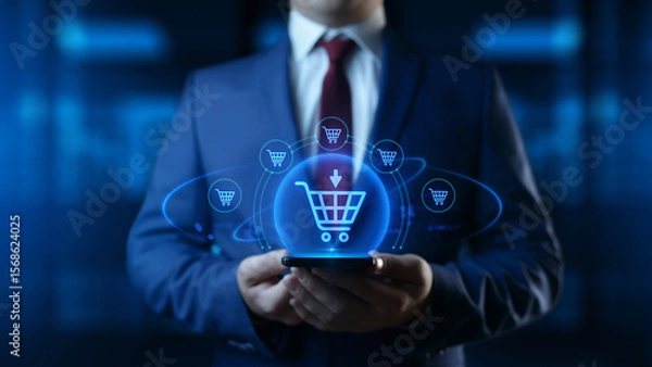 Fototapeta Businessman Holding Smartphone with E-Commerce and Retail Icons on Screen. E-Business and Shopping Concept