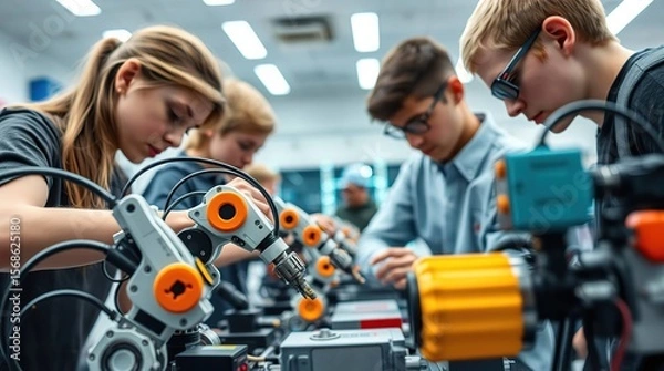 Obraz Teens building robots in lab.
