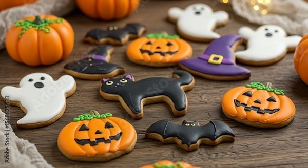 Fototapeta Halloween decorated cookies on a rustic wooden surface, in the shapes of ghosts, black cats, pumpkins, witch hats and bats, bright colors and royal icing, soft lighting and a cozy atmosphere.