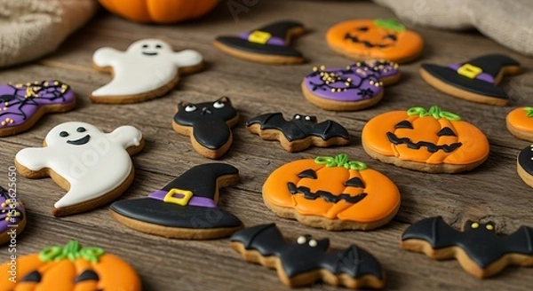Fototapeta Halloween decorated cookies on a rustic wooden surface, in the shapes of ghosts, black cats, pumpkins, witch hats and bats, bright colors and royal icing, soft lighting and a cozy atmosphere.