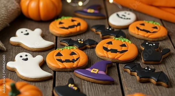 Fototapeta Halloween decorated cookies on a rustic wooden surface, in the shapes of ghosts, black cats, pumpkins, witch hats and bats, bright colors and royal icing, soft lighting and a cozy atmosphere.