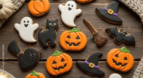 Fototapeta Halloween decorated cookies on a rustic wooden surface, in the shapes of ghosts, black cats, pumpkins, witch hats and bats, bright colors and royal icing, soft lighting and a cozy atmosphere.