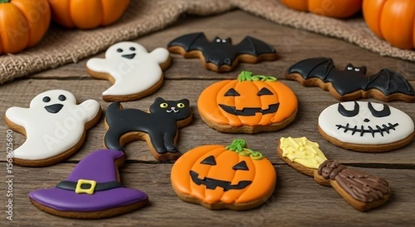 Fototapeta Halloween decorated cookies on a rustic wooden surface, in the shapes of ghosts, black cats, pumpkins, witch hats and bats, bright colors and royal icing, soft lighting and a cozy atmosphere.