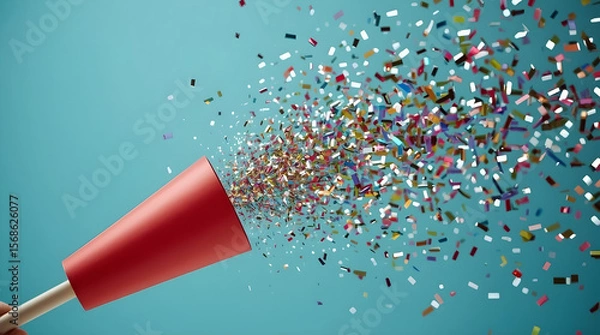 Fototapeta Confetti explosion from a red party popper on blue