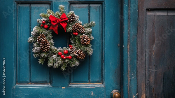 Obraz Rustic Christmas wreath with pine cones and eucalyptus leaves hanging on a wooden door. A natural, festive decoration symbolizing warmth, tradition, and seasonal charm. Caption space on the side.


