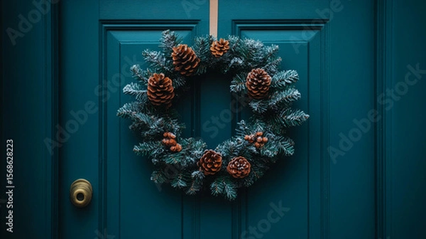 Fototapeta Rustic Christmas wreath with pine cones and eucalyptus leaves hanging on a wooden door. A natural, festive decoration symbolizing warmth, tradition, and seasonal charm. Caption space on the side.

