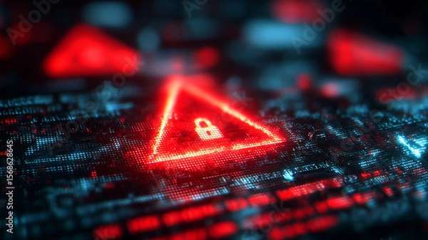 Fototapeta Digital padlock warning triangle over code highlights ransomware breach and urgent cybersecurity threat detection.
