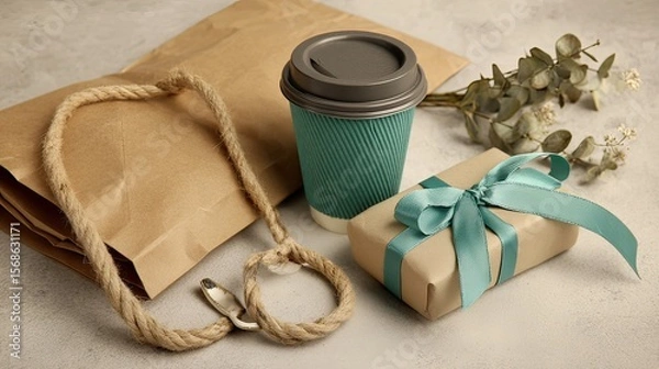 Obraz Gift, coffee, bag, eucalyptus, table, background, purchase, delivery