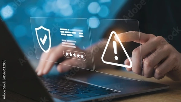 Obraz Cyber security protection shield and warning alert on a laptop