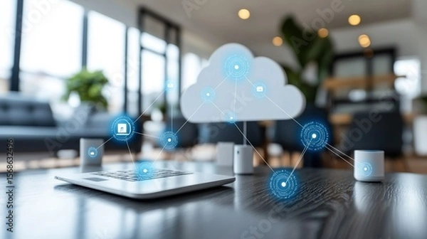 Obraz Flat Vector IoT Connectivity: Smart Home Devices Wirelessly Interacting with Central Cloud Brain for Tech Demos and Education