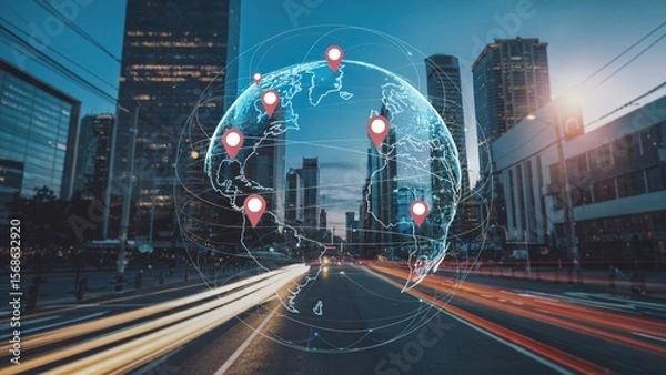 Obraz Global network over a vibrant cityscape with modern buildings and fast moving traffic