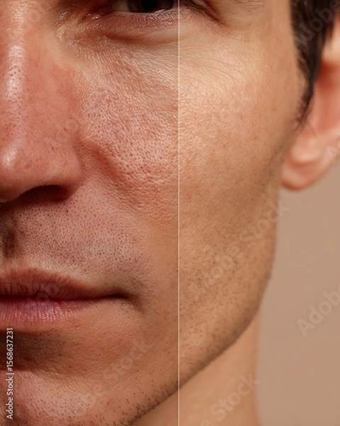 Fototapeta Comparative image of a Latino man's face, focusing on the cheeks and nose, before and after using the pore tightening product, Saeng Khao Clinic.