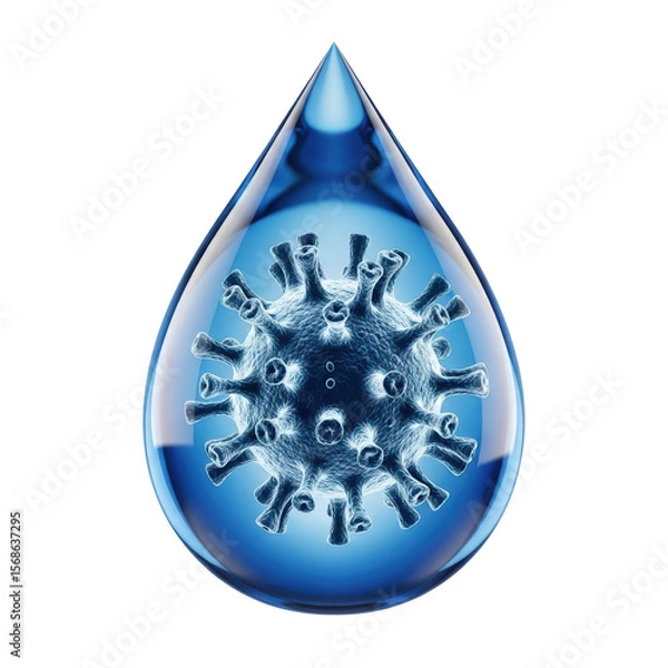 Fototapeta A microscopic blue virus particle is suspended inside a shimmering blue water droplet, representing health risks, water contamination, and germ transmission.