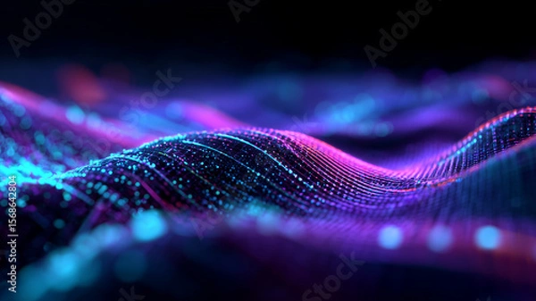 Obraz Luminous violet and cyan data currents rolling like illuminated waves across a futuristic cyber landscape, representing quantum information flow and creative analytics.
