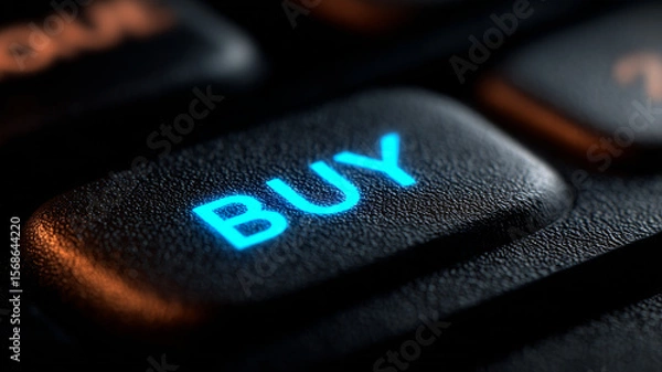 Obraz A glowing BUY key illuminates a computer keyboard, embodying instant online shopping and modern ecommerce impulse purchasing power.
