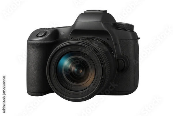 Fototapeta Professional dslr camera with large lens, isolated on transparent background, ready for photo shooting