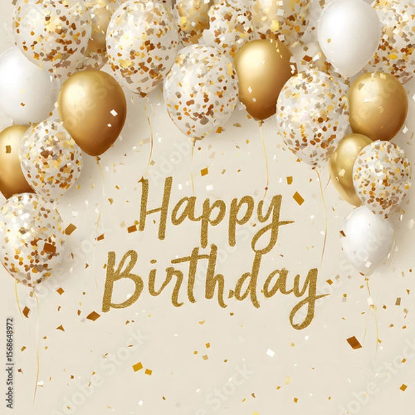 Fototapeta Shiny gold letter  spelling happy birthday background ,Golden letters spell out happy birthday with balloons and confetti filling the background