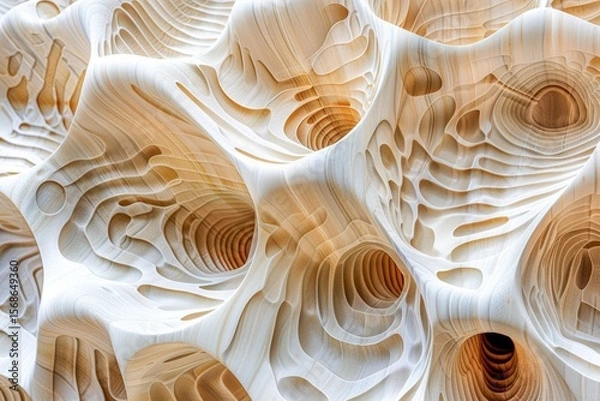 Fototapeta Abstract wood texture featuring organic flowing shapes and intricate carved details, perfect for modern background design. Unique pattern creates a sense of depth and artistic elegance.