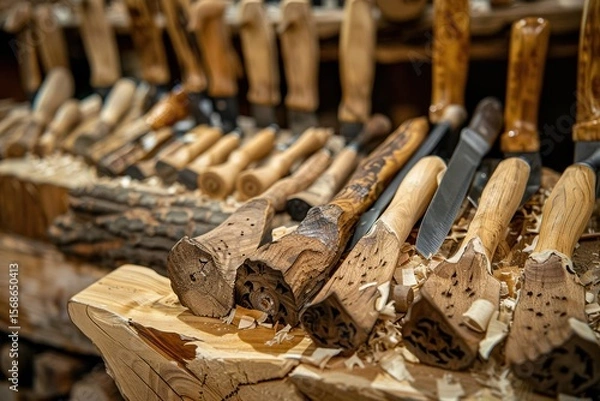 Fototapeta Detailed close-up of woodworking tools. Handcrafted chisels and gouges with natural wooden handles, surrounded by wood shavings, showcasing traditional artisan craftsmanship.