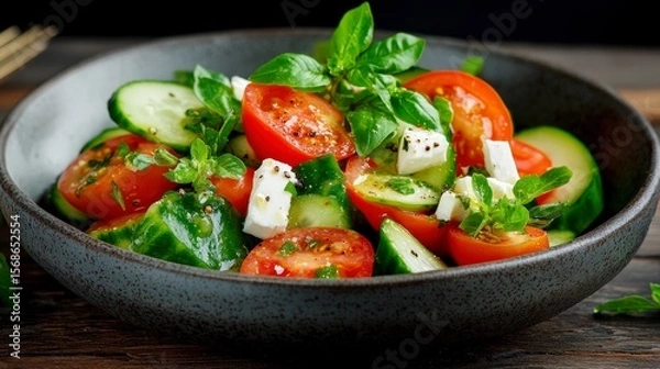 Fototapeta Fresh and Colorful Salad with Cherry Tomatoes, Cucumbers, Feta Cheese, and Basil on a Rustic Wooden Table