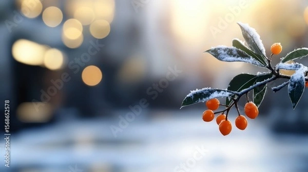 Fototapeta Frosty Branch with Orange Berries in Winter Landscape with Soft Bokeh Background at Sunset