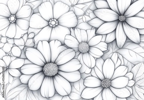Fototapeta Intricate Hand-Drawn Floral Patterns Featuring Various Flower Types and Delicate Leaves in Black and White