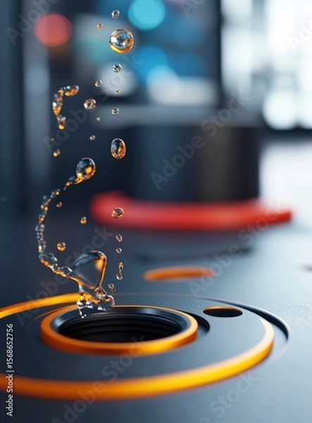 Fototapeta Close-up of Water Droplets Suspended in Air Above a Modern Black and Orange Surface with Soft Focus Background