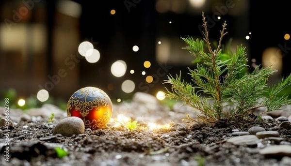 Fototapeta Colorful Christmas Ornament on Ground Surrounded by Sparkling Lights and Greenery in Natural Setting