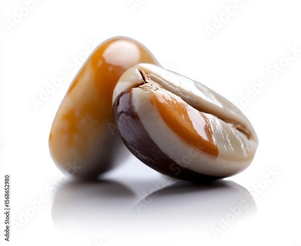 Fototapeta Close-up of Two Glossy Coffee Beans on White Background with Soft Reflection and Natural Light