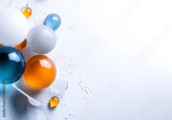 Fototapeta Colorful Glass Spheres on White Background with Droplets and Reflections for Creative and Abstract Design Use