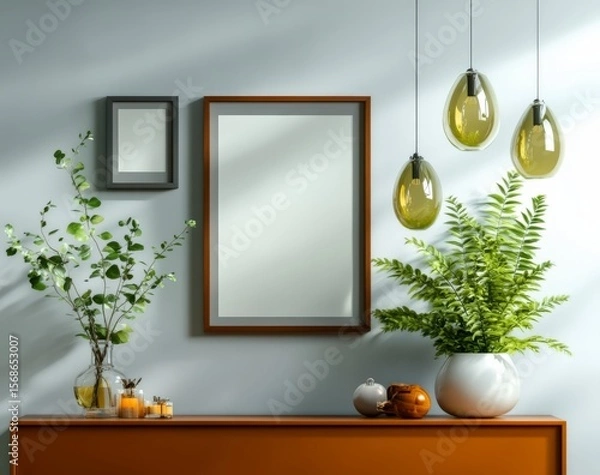 Fototapeta Modern Home Decor with Stylish Mirrors, Pendant Lights, Green Plants, and Decorative Objects in Contemporary Setting