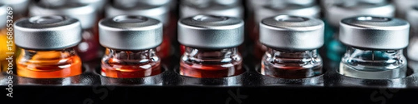 Fototapeta Multiple Glass Vials with Colored Liquids in a Tray