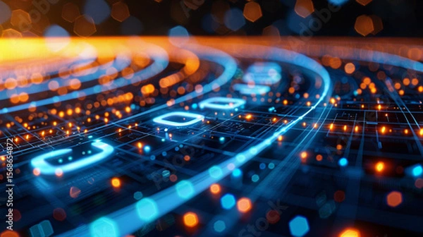 Obraz Abstract digital network with glowing binary code.