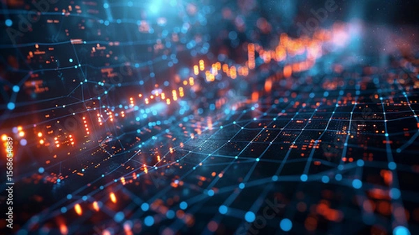 Obraz Abstract digital network with glowing lines and data points.