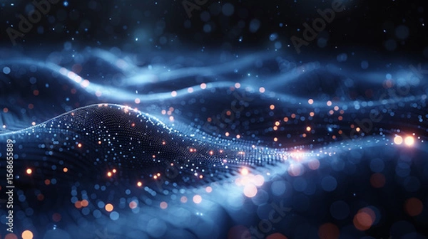 Obraz Abstract digital wave pattern with glowing particles.