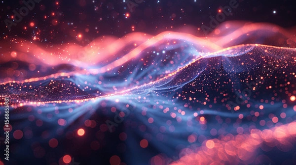 Obraz Abstract digital wave patterns with glowing particles.