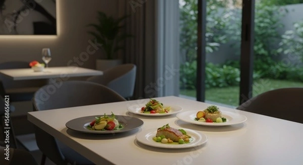 Fototapeta Four plates of gourmet food are arranged on a white table in a restaurant setting, with a garden view visible through the window.