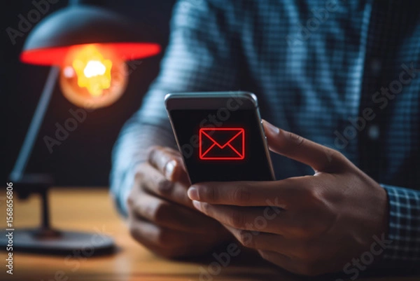 Fototapeta Close-up of a businessman's hand using a smartphone and virtual e-mail, with a warning icon on the screen in the office. Hands holding a mobile phone with a red lamp above and copy space for text