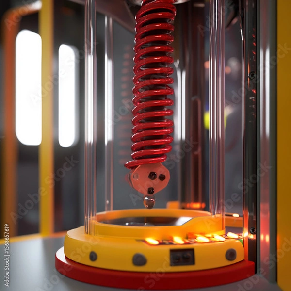 Fototapeta Closeup of a claw crane machine with a red coil cable and yellow body on a gray background. Concept of arcade game. 3D