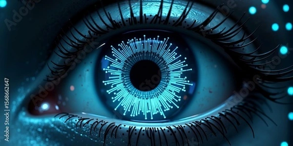 Fototapeta Futuristic human eye with glowing blue cybernetic patterns representing artificial intelligence, surveillance, and digital technology integration