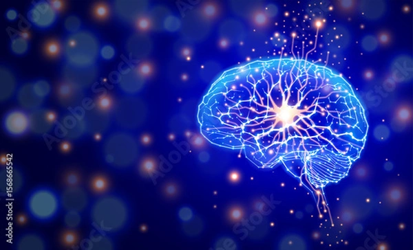 Fototapeta A modern technological illustration of the human brain and nervous system structure using geometric shapes arranged on a dark blue background. Used in medicine, scientific, advertising, commercial and