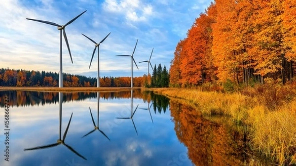 Fototapeta Wind Turbines and Vibrant Autumn Landscape Reflecting on Serene Lake Surface