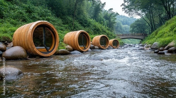 Fototapeta Wooden Barrel Structures in a Tranquil River Setting